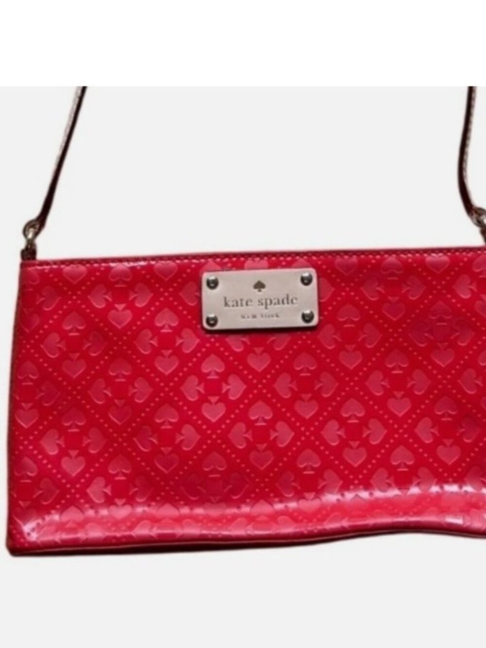 KATE SPADE NY Red Patent Leather Evening Bag Crossbody Gold Logo Plate Embossed